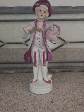 White and Pink Porcelain Figurine - Boy with Basket